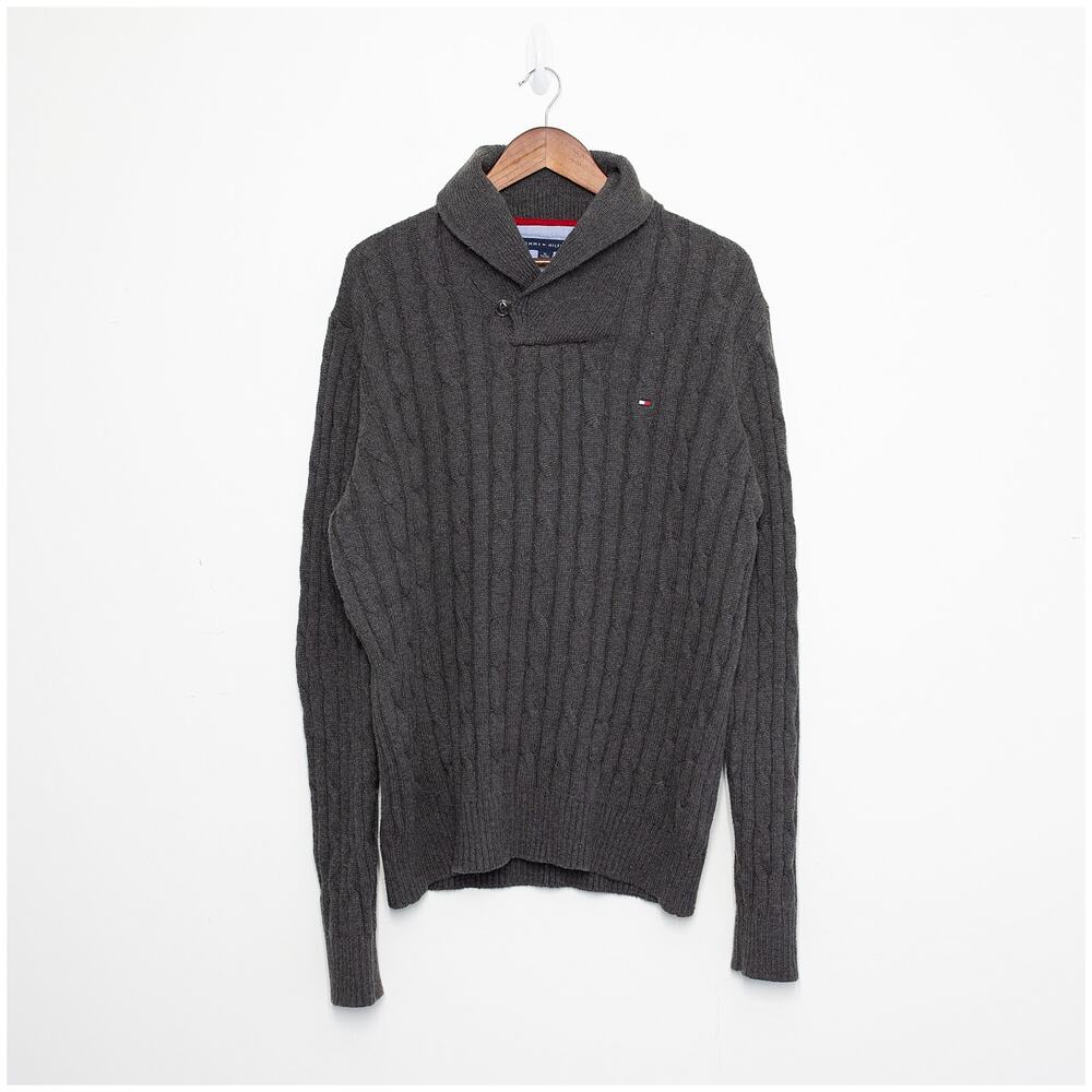 Tommy Hilfiger Shawl Collar Sweater Mens XL Gray Cable Knit Cotton Wool Blend